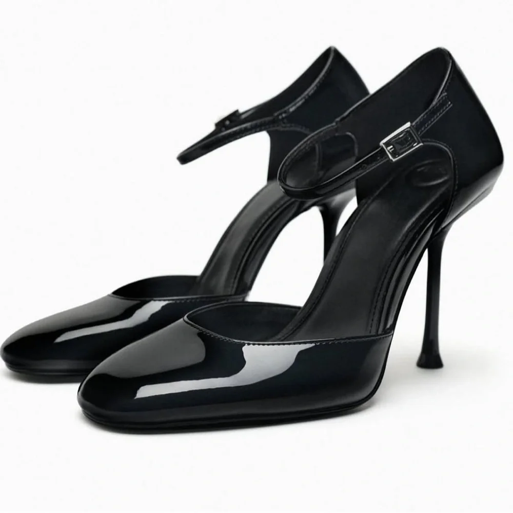 Zara Patent Black Ankle Strap Heels